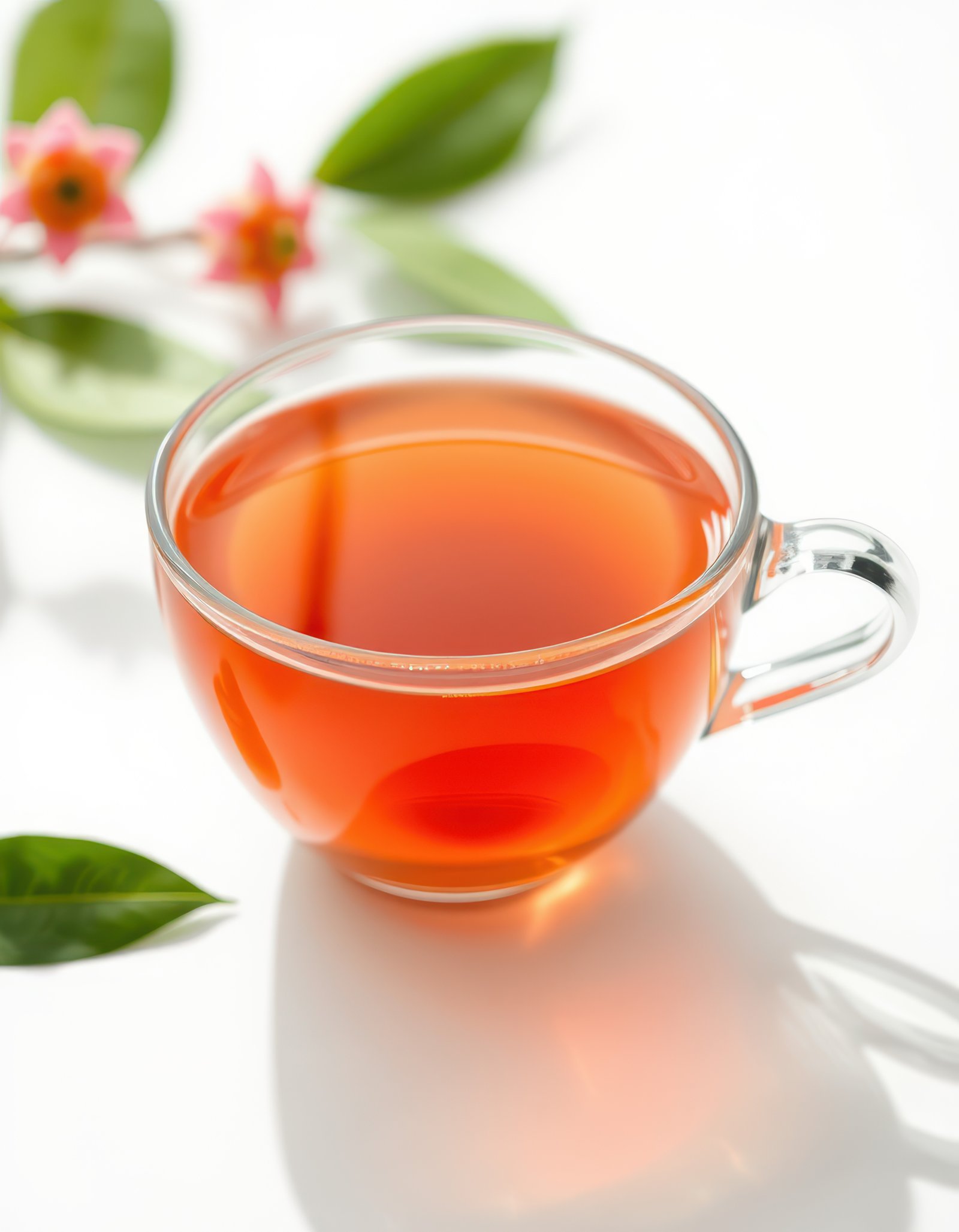 Warm herbal tea in a clear glass cup surrounded by vibrant green leaves and soft pink flowers